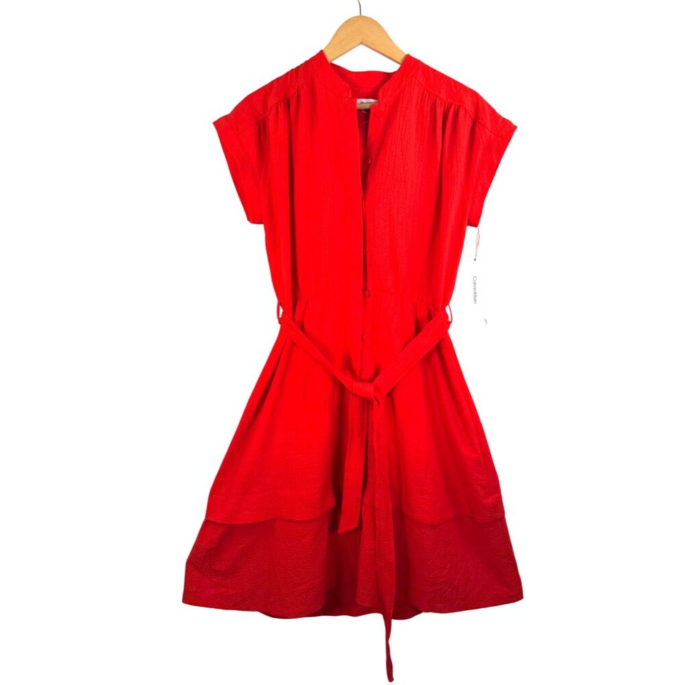 Calvin Klein seer sucker button down shirt dress beachy boho red sz 6